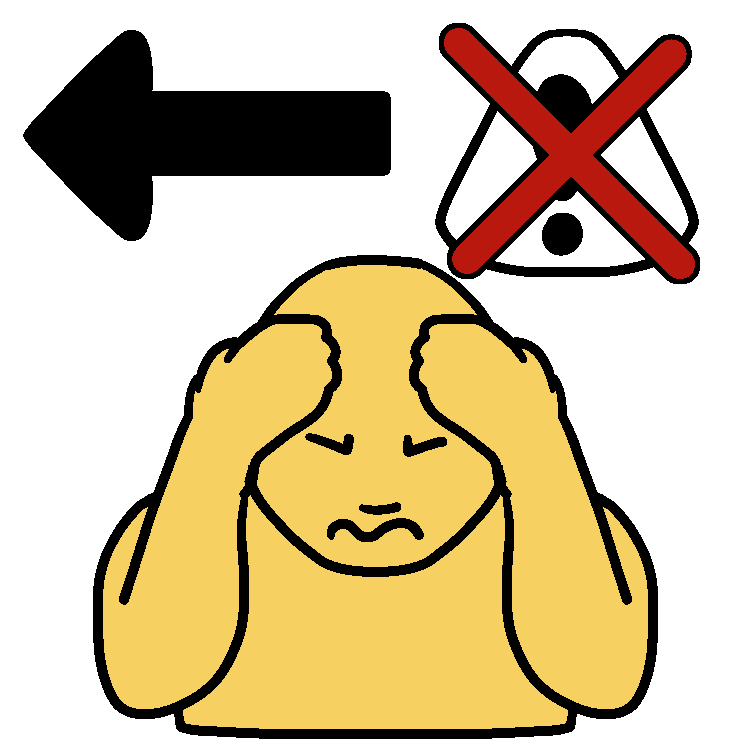 A drawing of a person with their hands on their head and cringing, with a crossed out hazard triangle and an arrow pointing to the left above them.